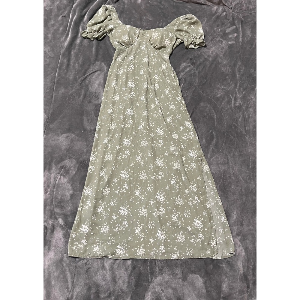 Inspired Hearts Sage Green Floral Midi Dress Puff Sleeve Cutout Back Size M